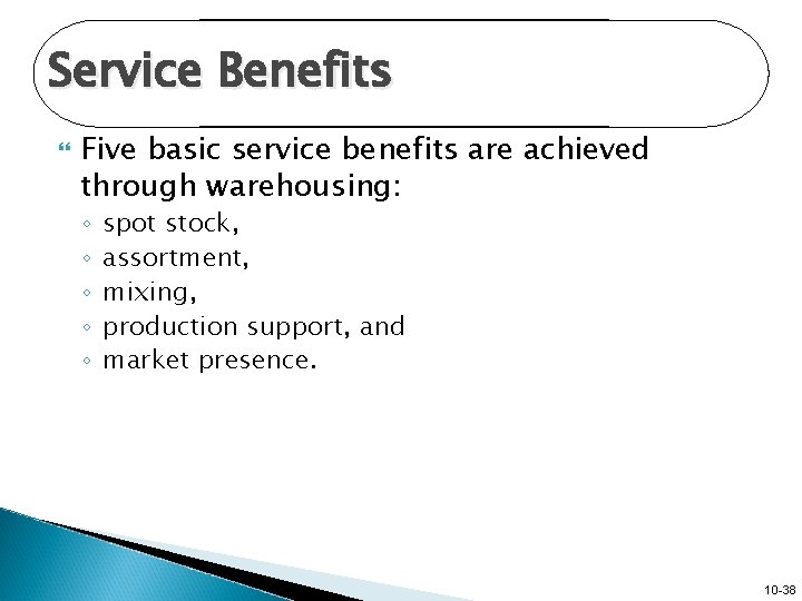 Service Benefits Five basic service benefits are achieved through warehousing: ◦ ◦ ◦ spot