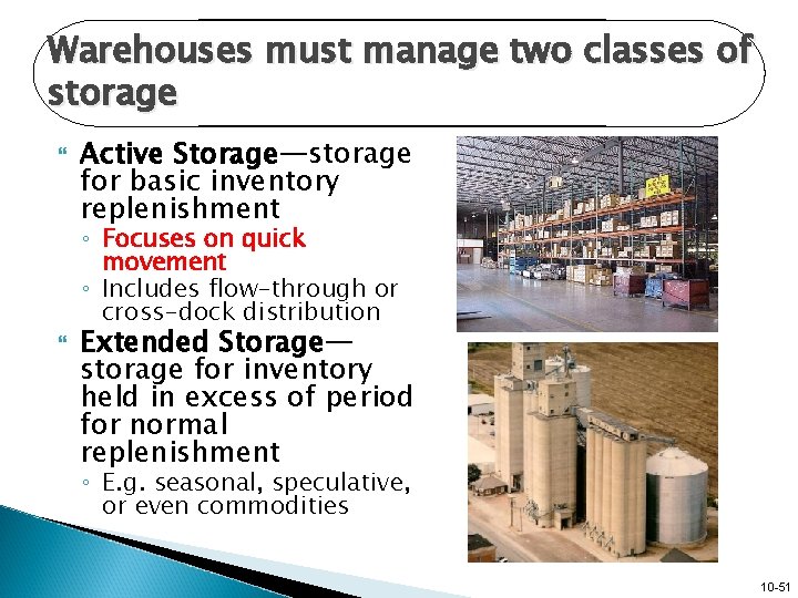 Warehouses must manage two classes of storage Active Storage—storage for basic inventory replenishment ◦