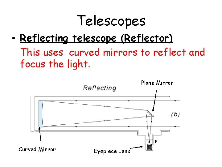 Telescopes • Reflecting telescope (Reflector) This uses curved mirrors to reflect and focus the