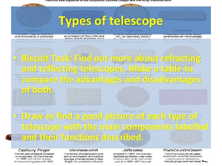 Types of telescope • Biscuit Task: Find out more about refracting and reflecting telescopes.