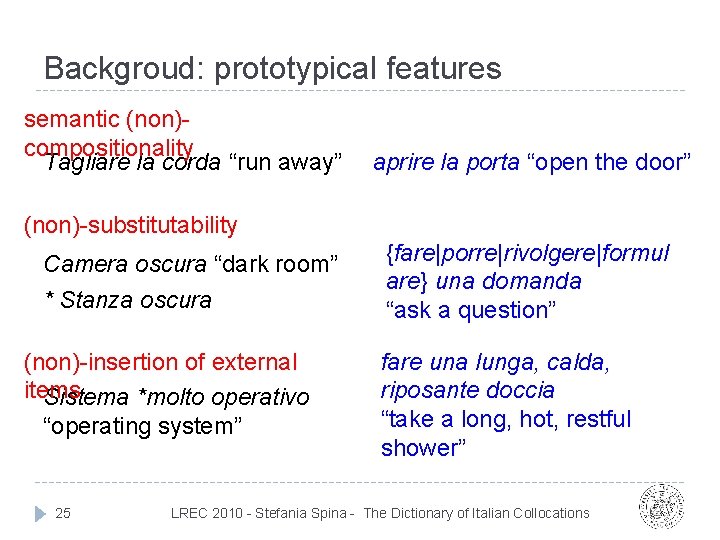 Backgroud: prototypical features semantic (non)compositionality Tagliare la corda “run away” aprire la porta “open Backgroud: prototypical features semantic (non)compositionality Tagliare la corda “run away” aprire la porta “open