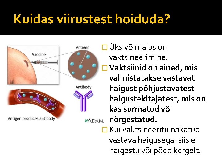 Kuidas viirustest hoiduda? � Üks võimalus on vaktsineerimine. � Vaktsiinid on ained, mis valmistatakse