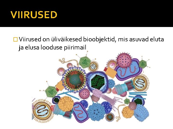 VIIRUSED � Viirused on üliväikesed bioobjektid, mis asuvad eluta ja elusa looduse piirimail 