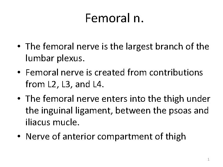 Femoral n. • The femoral nerve is the largest branch of the lumbar plexus.