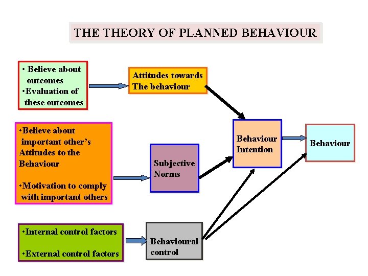 THE THEORY OF PLANNED BEHAVIOUR • Believe about outcomes • Evaluation of these outcomes