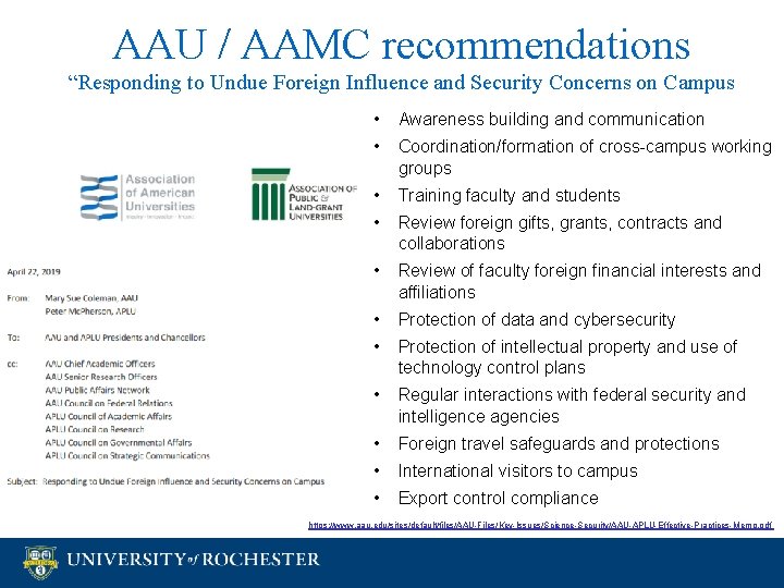 AAU / AAMC recommendations “Responding to Undue Foreign Influence and Security Concerns on Campus AAU / AAMC recommendations “Responding to Undue Foreign Influence and Security Concerns on Campus