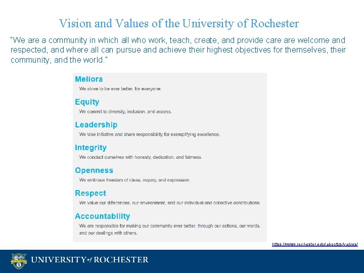 Vision and Values of the University of Rochester “We are a community in which Vision and Values of the University of Rochester “We are a community in which