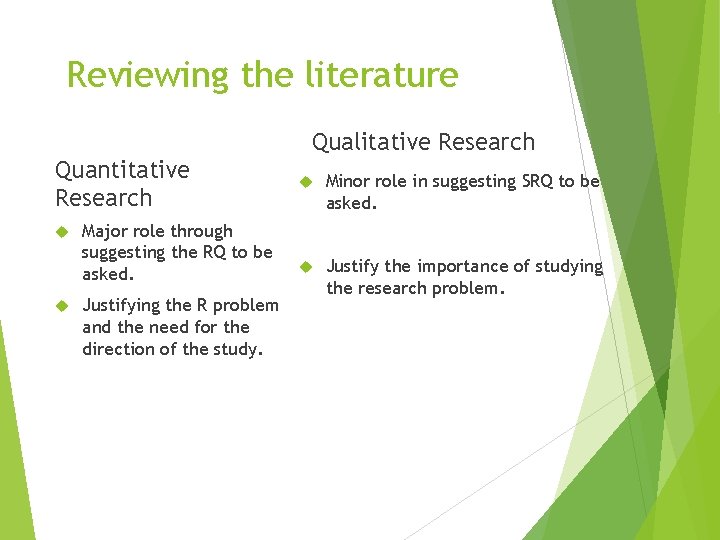 Reviewing the literature Quantitative Research Major role through suggesting the RQ to be asked.