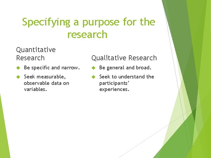 Specifying a purpose for the research Quantitative Research Qualitative Research Be specific and narrow.