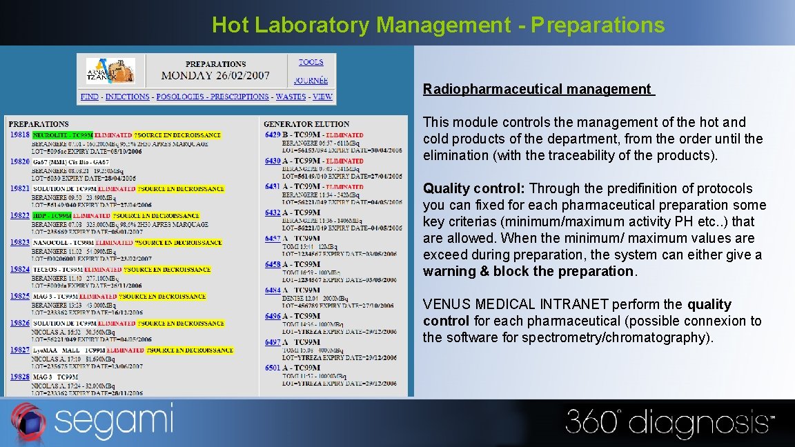 Hot Laboratory Management - Preparations Radiopharmaceutical management This module controls the management of the
