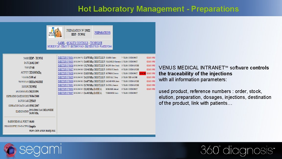 Hot Laboratory Management - Preparations VENUS MEDICAL INTRANET software controls the traceability of the