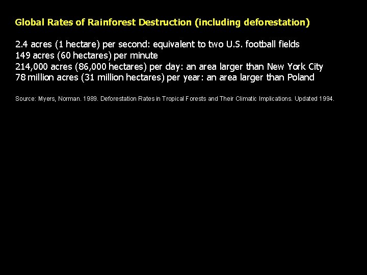 Global Rates of Rainforest Destruction (including deforestation) 2. 4 acres (1 hectare) per second: