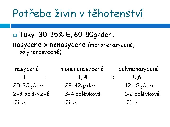 Potřeba živin v těhotenství Tuky 30 -35% E, 60 -80 g/den, nasycené x nenasycené