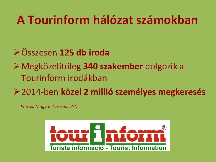 A Tourinform hálózat számokban Ø Összesen 125 db iroda Ø Megközelítőleg 340 szakember dolgozik