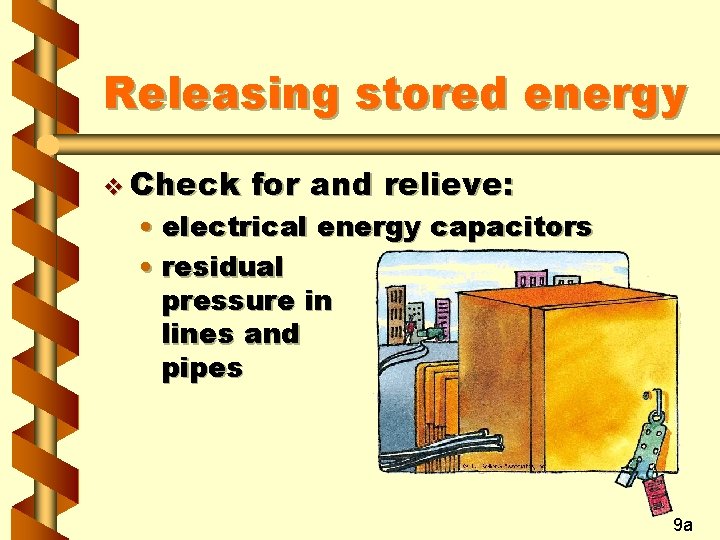 Releasing stored energy v Check for and relieve: • electrical energy capacitors • residual