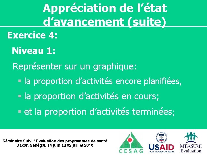 Appréciation de l’état d’avancement (suite) Exercice 4: Niveau 1: Représenter sur un graphique: §