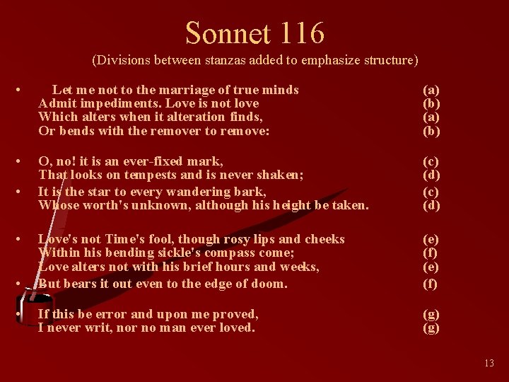 Sonnet 116 (Divisions between stanzas added to emphasize structure) • Let me not to