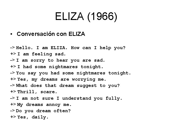 ELIZA (1966) • Conversación con ELIZA -> Hello. I am ELIZA. How can I