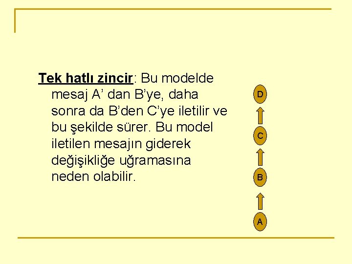 Tek hatlı zincir: Bu modelde mesaj A’ dan B’ye, daha sonra da B’den C’ye