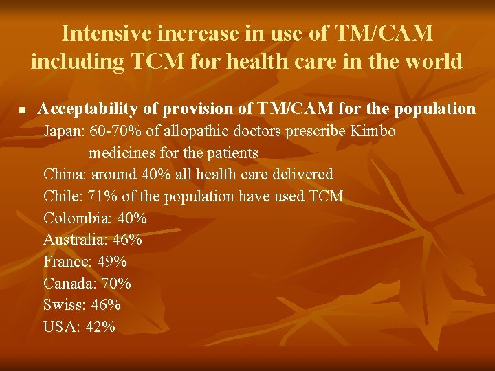 Intensive increase in use of TM/CAM including TCM for health care in the world Intensive increase in use of TM/CAM including TCM for health care in the world