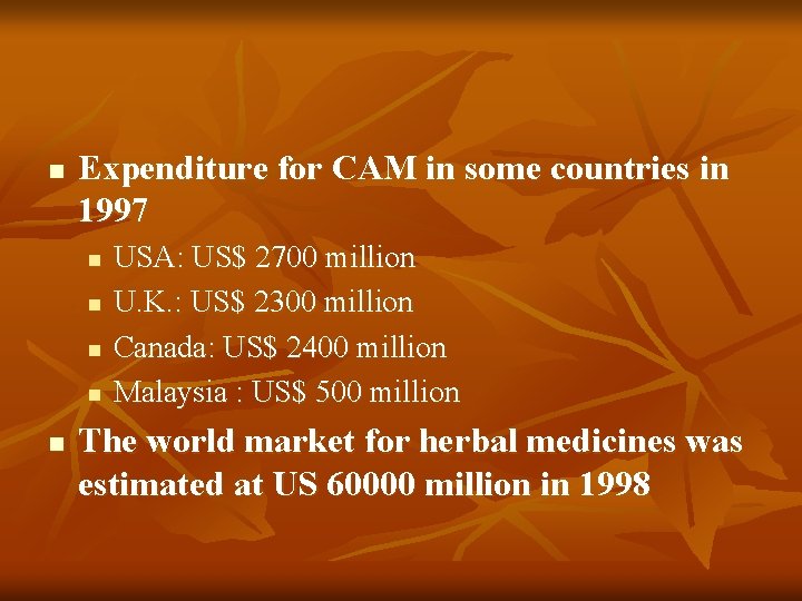 n Expenditure for CAM in some countries in 1997 n n n USA: US$ n Expenditure for CAM in some countries in 1997 n n n USA: US$