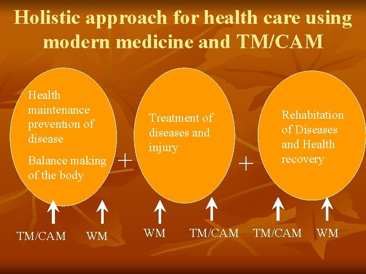 Holistic approach for health care using modern medicine and TM/CAM Health maintenance prevention of Holistic approach for health care using modern medicine and TM/CAM Health maintenance prevention of