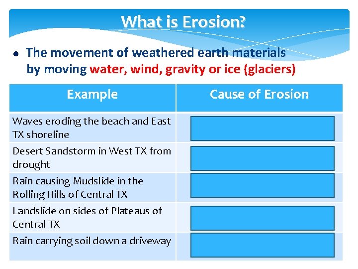 What is Erosion? l The movement of weathered earth materials by moving water, wind,