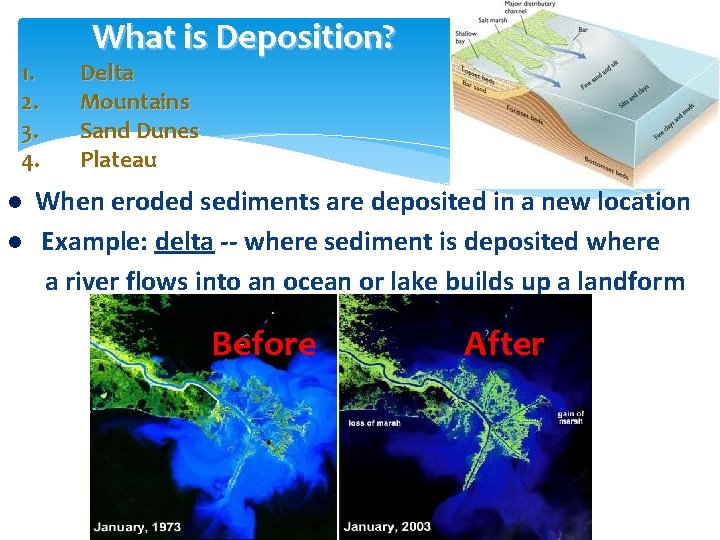 1. 2. 3. 4. l l What is Deposition? Delta Mountains Sand Dunes Plateau