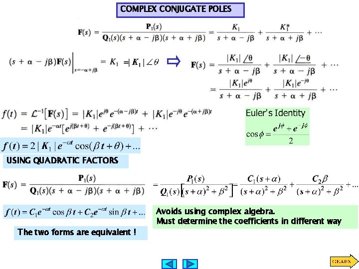 COMPLEX CONJUGATE POLES USING QUADRATIC FACTORS The two forms are equivalent ! Avoids using