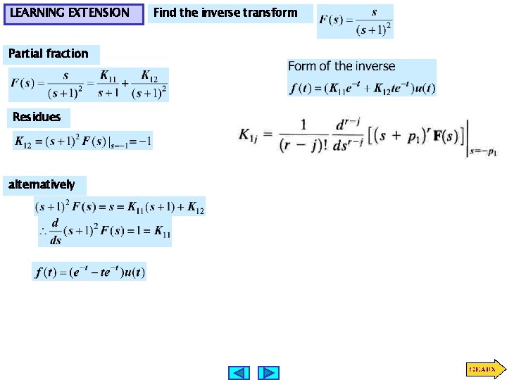 LEARNING EXTENSION Partial fraction Residues alternatively Find the inverse transform 