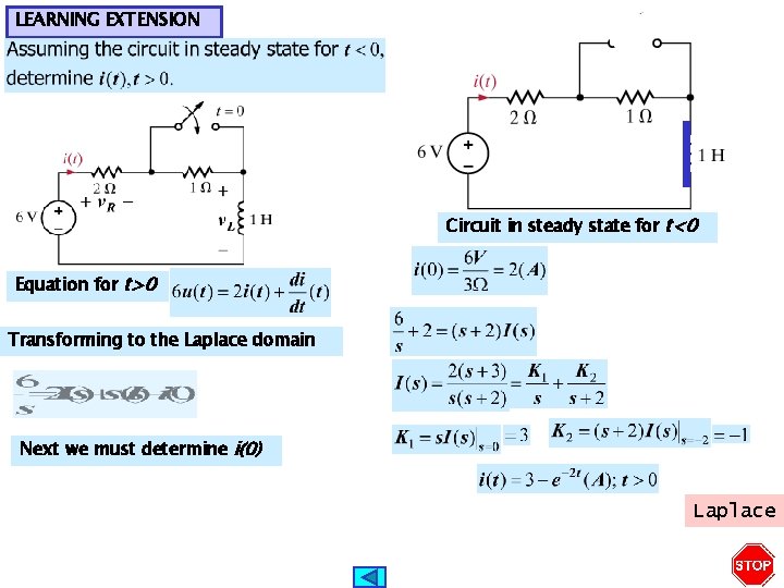 LEARNING EXTENSION Circuit in steady state for t<0 Equation for t>0 Transforming to the