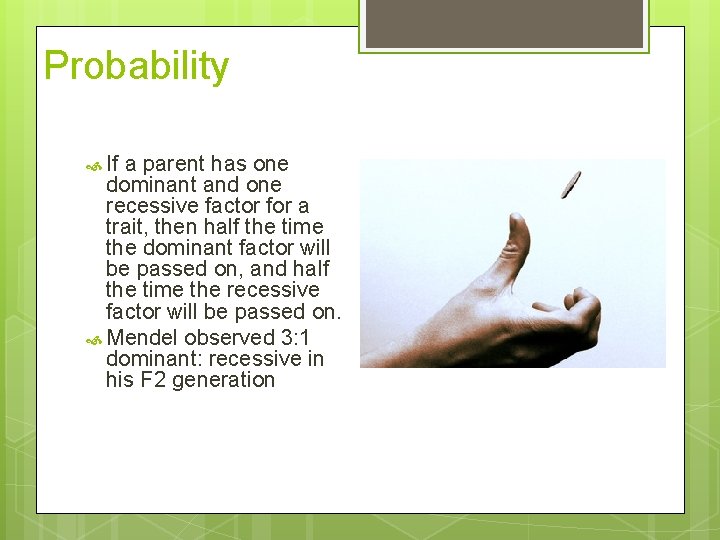 Probability If a parent has one dominant and one recessive factor for a trait,