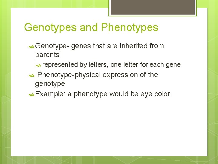 Genotypes and Phenotypes Genotype- genes that are inherited from parents represented by letters, one