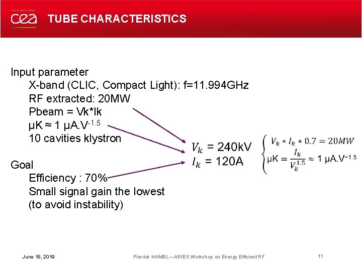 TUBE CHARACTERISTICS Input parameter X-band (CLIC, Compact Light): f=11. 994 GHz RF extracted: 20