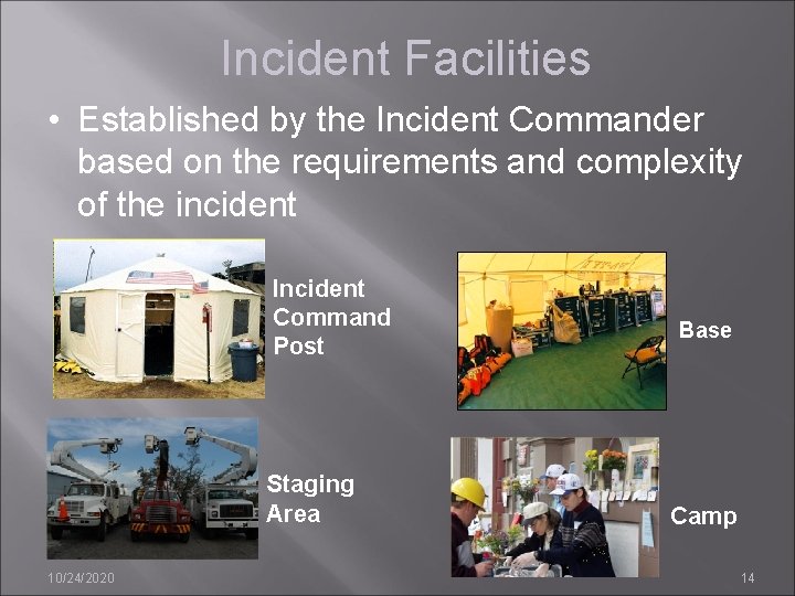 Incident Facilities • Established by the Incident Commander based on the requirements and complexity