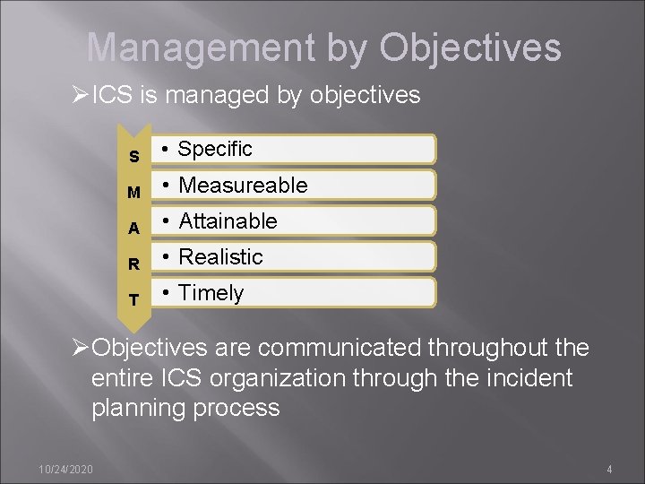 Management by Objectives ØICS is managed by objectives S • Specific M • Measureable