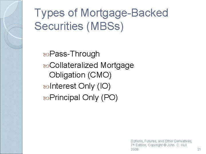 Types of Mortgage-Backed Securities (MBSs) Pass-Through Collateralized Mortgage Obligation (CMO) Interest Only (IO) Principal