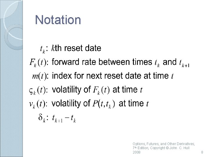 Notation Options, Futures, and Other Derivatives, 7 th Edition, Copyright © John C. Hull