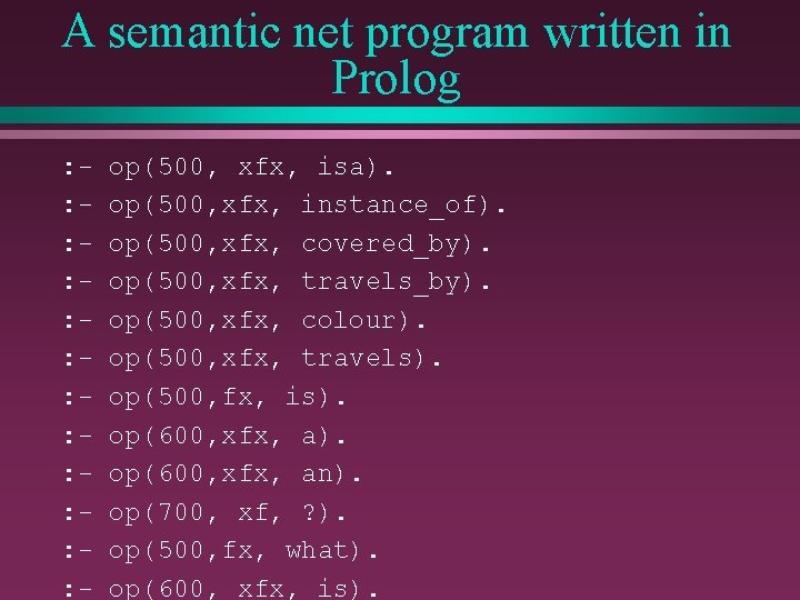 A semantic net program written in Prolog : : : - op(500, xfx, isa).