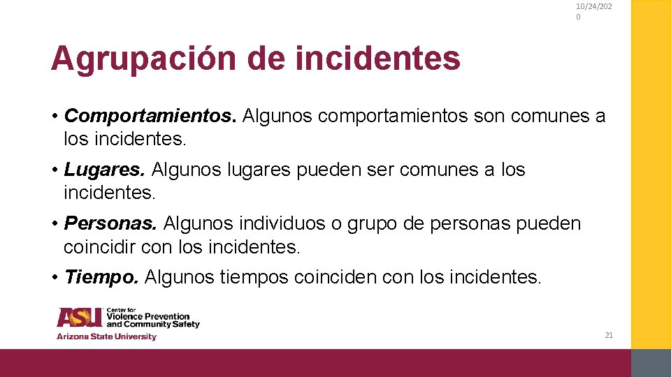 10/24/202 0 Agrupación de incidentes • Comportamientos. Algunos comportamientos son comunes a los incidentes.