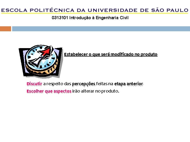 0313101 Introdução à Engenharia Civil Estabelecer o que será modificado no produto Discutir a