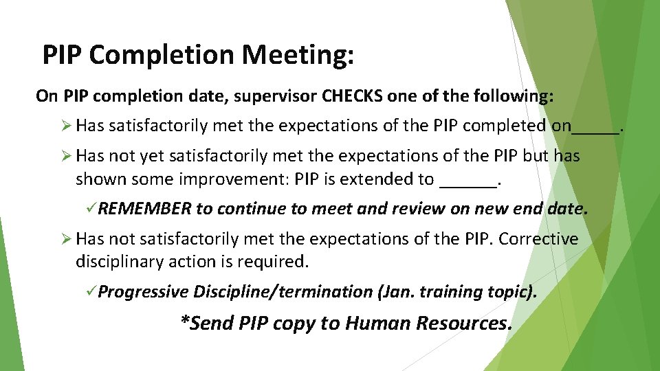 PIP Completion Meeting: On PIP completion date, supervisor CHECKS one of the following: Ø