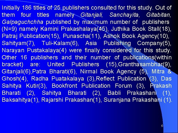 Initially 186 titles of 25 publishers consulted for this study. Out of them four Initially 186 titles of 25 publishers consulted for this study. Out of them four