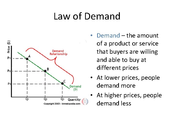 Law of Demand • Demand – the amount of a product or service that