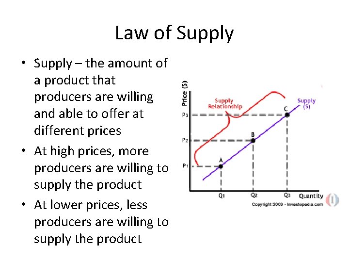 Law of Supply • Supply – the amount of a product that producers are