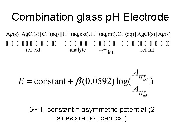 Combination glass p. H Electrode β~ 1, constant = asymmetric potential (2 sides are