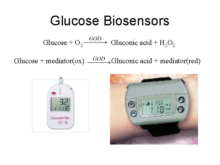 Glucose Biosensors Glucose + O 2 Glucose + mediator(ox) Gluconic acid + H 2