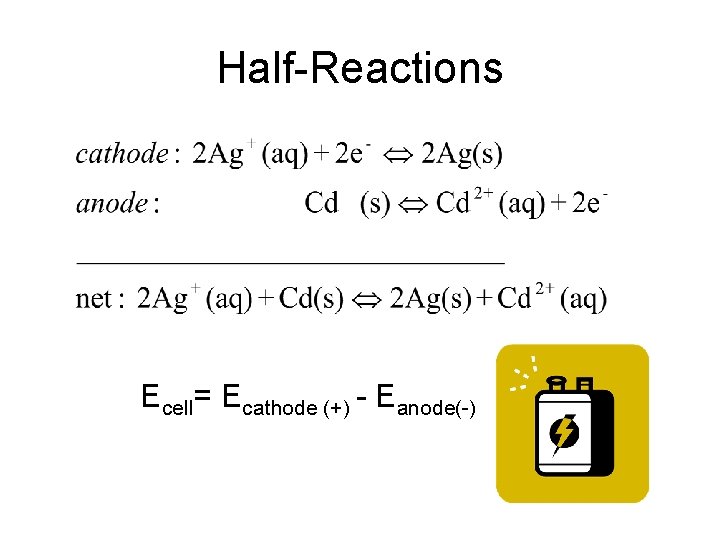 Half-Reactions Ecell= Ecathode (+) - Eanode(-) 