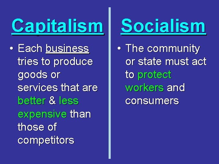 Capitalism Socialism • Each business tries to produce goods or services that are better