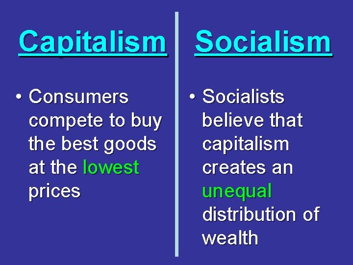Capitalism Socialism • Consumers compete to buy the best goods at the lowest prices